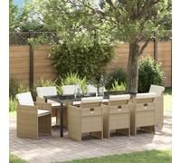 Ensemble De Salle À Manger De Jardin De 9 Pièces Avec Coussins Beige Poly Rattan, Table De Jardin Vidaxl Noir 200x80x73 Cm Verre Trempé