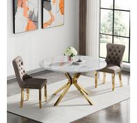 Ensemble de salle à manger élégant 3 pièces pour 61 cm et 119 cm, plateau rond en marbre blanc avec base dorée, chaises modernes en velours gris, table de cuisine élégante pour décoration d'intérieur