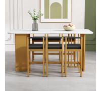 Ensemble de salle à manger élégant avec 6 chaises en cuir synthétique et table rectangulaire de luxe, style moderne, idéal pour les salles à manger contemporaines (couleur : blanc et or)