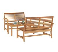 Ensemble de salle à manger en teck pour l'extérieur : 2 bancs et 1 table. Construction en bois massif, style traditionnel, solide et rectangulaire. Idéal pour les balcons et terrasses, facile à entret