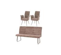 Set de salle à manger HWC-G55, set de 2 chaises avec accoudoirs+banc 180cm, inox brossé tissu/textile chenille brun