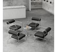 Ensemble De Salle À Manger Industriel Moderne en Acier Inoxydable, Deux Fauteuils De Salon en Simili Cuir Noir avec Table Basse Ronde Minimaliste for Bar, Café Et Bistro(A)