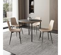 Ensemble de salle à manger Lindesberg 5 pièces 1 table avec 4 chaises plateau de table rond revêtement textile pieds en acier gris/brun clair