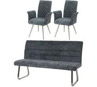 Mendler Ensemble repas HWC-G55 – 2 chaises avec accoudoirs + banc 180 cm, chenille bleu-vert, inox