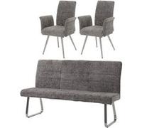Mendler Set de salle à manger HWC-G55 - 2 chaises (accoudoirs) + banc 180 cm, chenille gris foncé