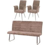 Set de salle à manger HWC-G55, set de 2 chaises avec accoudoirs+banc 180cm, inox brossé tissu/textile chenille brun