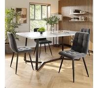 Ensemble de salle à manger moderne 5 pièces avec 4 chaises - Dessus en marbre de luxe - Design léger - Pieds en velours noir et gris - Meuble de salle à manger élégant pour une expérience culinaire