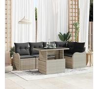Ensemble de salle à manger modulaire rectangulaire pour 6 personnes en polyrotin, gris clair, 100x55x73 cm, comprend un coin, deux fauteuils, deux canapés avec accoudoirs et une table avec plateau en