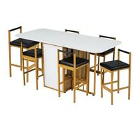 Ensemble de salle à manger multifonction avec table à manger pliable et 6 chaises, console extensible avec espace de rangement, design moderne en blanc et doré, table de cuisine extensible pour salon
