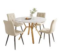 Ensemble de salle à manger rond 100 cm aspect marbre et pieds dorés avec 4 chaises en velours beige moderne - Structure en métal doré - Design de luxe pour cuisine et petit salon
