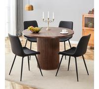 Ensemble de salle à manger rond 100 cm aspect noyer avec 4 chaises noires - Design moderne - Table colonne avec aspect lamelles et chaises en cuir synthétique - Ensemble de salle à manger peu