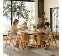 Ensemble de Salle à Manger Rond en Bois de 120 cm (4 chaises), Table Pliable avec roulettes et tiroirs verrouillables, Peu encombrant for Salon/Cuisine/Appartement(Natural Wood)