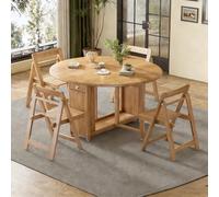 Ensemble de Salle à Manger Rond Extensible en Bois (4 chaises), Table Pliable avec roulettes et tiroirs, Peu encombrant for Salon/Cuisine/Appartement(Natural Wood)