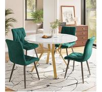 Ensemble de salle à manger rondes en marbre, Table à manger avec 4 chaises ergonomiques en velours, Chaise de salle à manger verte