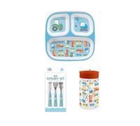 Ensemble de salle à manger sur le thème du transport pour enfants, 3 pièces de couverts, assiette divisée et bouteille de paille de 450 ml, camions bleus, pelleteuses, garçons, bol