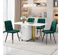 Ensemble de salle à manger, table de 150×80×76 cm avec 4 chaises, table de cuisine pliante, chaises rembourrées en velours avec dossier, supports de pieds de table dorés, vert émeraude