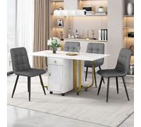 Ensemble de salle à manger, table de 150×80×76 cm avec 4 chaises, table de cuisine pliante, chaises rembourrées en velours avec dossier, supports de pieds de table dorés, gris clair