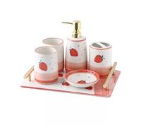 Ensemble de Salle Bain 6 pièces, Distributeur Savon en céramique, Assiette, gobelet, Porte-Brosse à Dents et Plateau, Motif Fraise(Roze,6pcs)
