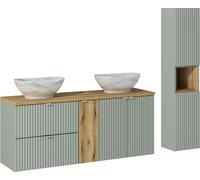 Ensemble De Salle De Bain 140 Cm Avec Plan De Travail, 2 Lavabos, Colonne Et Armoires
