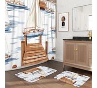 Ensemble de salle de bain 3 pièces avec deux tapis de bain antidérapants et lavables (40,6 x 61 et 50,8 x 81,3 cm), motif bateau nautique amusant, 183 x 183 cm