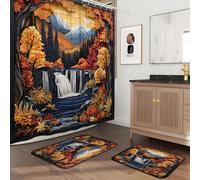 Ensemble de salle de bain 3 pièces avec deux tapis de bain antidérapants et lavables (40,6 x 61 et 50,8 x 81,3 cm), tapis de salle de bain d'automne motif forêt cascade - 183 x 183 cm