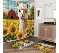 Ensemble de salle de bain 3 pièces en alpaga d'automne avec deux tapis de bain antidérapants et lavables (40,6 x 61 et 50,8 x 81,3 cm), motif tournesol d'automne - 183 x 183 cm