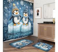 Ensemble de salle de bain 3 pièces pour enfant avec deux tapis de bain antidérapants et lavables (40,6 x 61 et 50,8 x 81,3 cm), motif pingouin amusant - 183 x 183 cm