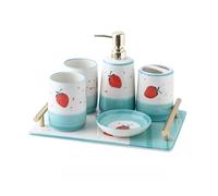 Ensemble de salle de bain 6 pièces, distributeur de savon en céramique, assiette, gobelet, porte-brosse à dents et plateau, motif fraise Ensemble de salle de bain(Blauw,One Size)