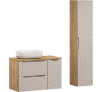 Ensemble De Salle De Bain 90 Cm Avec Lavabo Sur Pied Et Colonne – Chêne + Beige