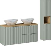Ensemble De Salle De Bain Avec Deux Lavabos, Armoires Et Colonne 120 Cm – Vert Avec Plan De Travail En Chêne