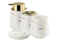 Ensemble de salle de bain avec distributeur de savon en marbre - Pompe à lotion pour les mains, porte-brosse à dents, gobelets, décoration côtière (blanc, 4 pièces)