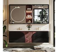 Ensemble de salle de bain avec double lavabo et miroir LED, design flottant moderne avec évier intégré et grands tiroirs, armoire en bois de chêne