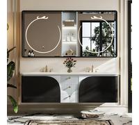 Ensemble de salle de bain avec double lavabo et miroir LED, design flottant moderne avec évier intégré et grands tiroirs, armoire en bois de chêne