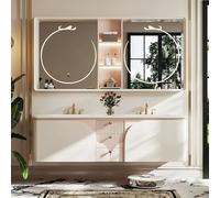 Ensemble de salle de bain avec double lavabo et miroir LED, design flottant moderne avec évier intégré et grands tiroirs, armoire en bois de chêne