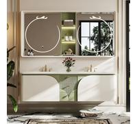 Ensemble de salle de bain avec double lavabo et miroir LED, design flottant moderne avec évier intégré et grands tiroirs, armoire en bois de chêne