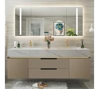 Ensemble de salle de bain avec miroir lumineux à DEL, double vasque, 160 cm, design marron moderne, solution de rangement élégante pour rénovation de maison