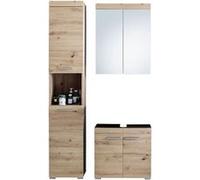 Ensemble de salle de bain coloris chêne à noeuds et blanc brillant - PEGANE - Blanc G