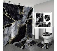 Ensemble de salle de bain de luxe en marbre noir et or : comprend 12 crochets, un rideau de douche imperméable, un couvre-siège de toilette et un tapis de bain antidérapant - en tissu de polyester, la