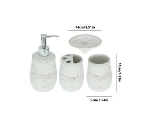 Ensemble de salle de bain en céramique 4 pièces avec motif floral et oiseau en relief, convient pour la décoration de la maison et de la salle de bain, l'ensemble comprend un flacon de lotion, un port