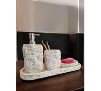 Ensemble de salle de bain en marbre - Gobelet à brosse à dents, distributeur de savon, porte-savon, plateau pour votre oasis de bien-être en pierre naturelle beige
