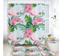 Ensemble de salle de bain Flamingo Cactus - Rideau de douche 4 pièces, tapis de bain antidérapant, housse de siège de toilette et tapis - Polyester imperméable, motif floral tropical pour maison bohèm