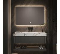 Ensemble de salle de bain flottant avec lavabo et miroir anti-buée intelligent, meuble de bain moderne avec tiroirs rayés et comptoir en ardoise en marbre, installation murale