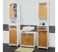 Ensemble de salle de bain HWC-A85, meuble de salle de bain 2x armoire haute sous lavabo en bambou, certifié MVG blanc
