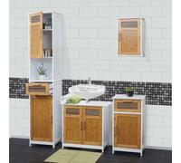 Ensemble de salle de bain HWC-A85, meuble de salle de bain armoire haute meuble sous-lavabo armoire suspendue commode bambou, certifié MVG blanc