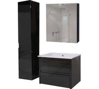 Ensemble de salle de bain HWC-B19b, lavabo armoire de toilette armoire murale, haute brillance FSC®- ~ noir
