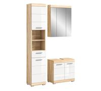 Ensemble de Salle de Bain LEWOTO - 1 Colonne, 1 Meuble sous Vasque, 1 Armoire avec Miroir - Blanc et chêne