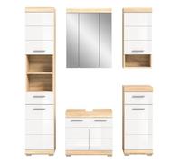 Ensemble de Salle de Bain LEWOTO - 1 Colonne, 1 Meuble sous Vasque, 1 Armoire avec Miroir, et 2 Demi-colonnes - Blanc et chêne