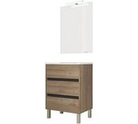 Ensemble De Salle De Bain Meuble 60cm Stay Three Edge Bois Clair - Vasque En Céramique - Miroir Sur Châssis - Applique Lumineuse Beige