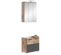 Ensemble de Salle de Bain : Meuble sous Vasque + Armoire de Rangement avec miroirs et LED - Gris Anthracite et chêne Clair - SEL