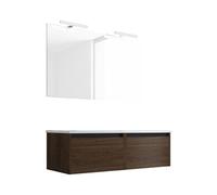 Ensemble De Salle De Bain Meuble Suspendu 120cm Nice Edge Bois Foncé - Vasque En Céramique - Miroir Sur Châssis - Applique Lumineuse Marron